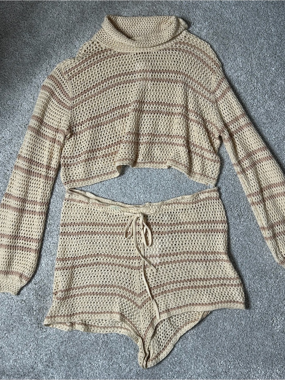 Free People Cropped Open-Knit Turtleneck Sweater in Beige and Brown